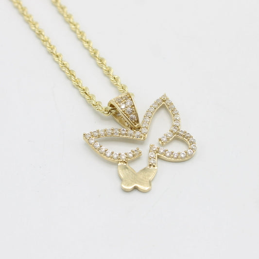 14K Butterlfy Pendant With Rope Chain Yellow Gold