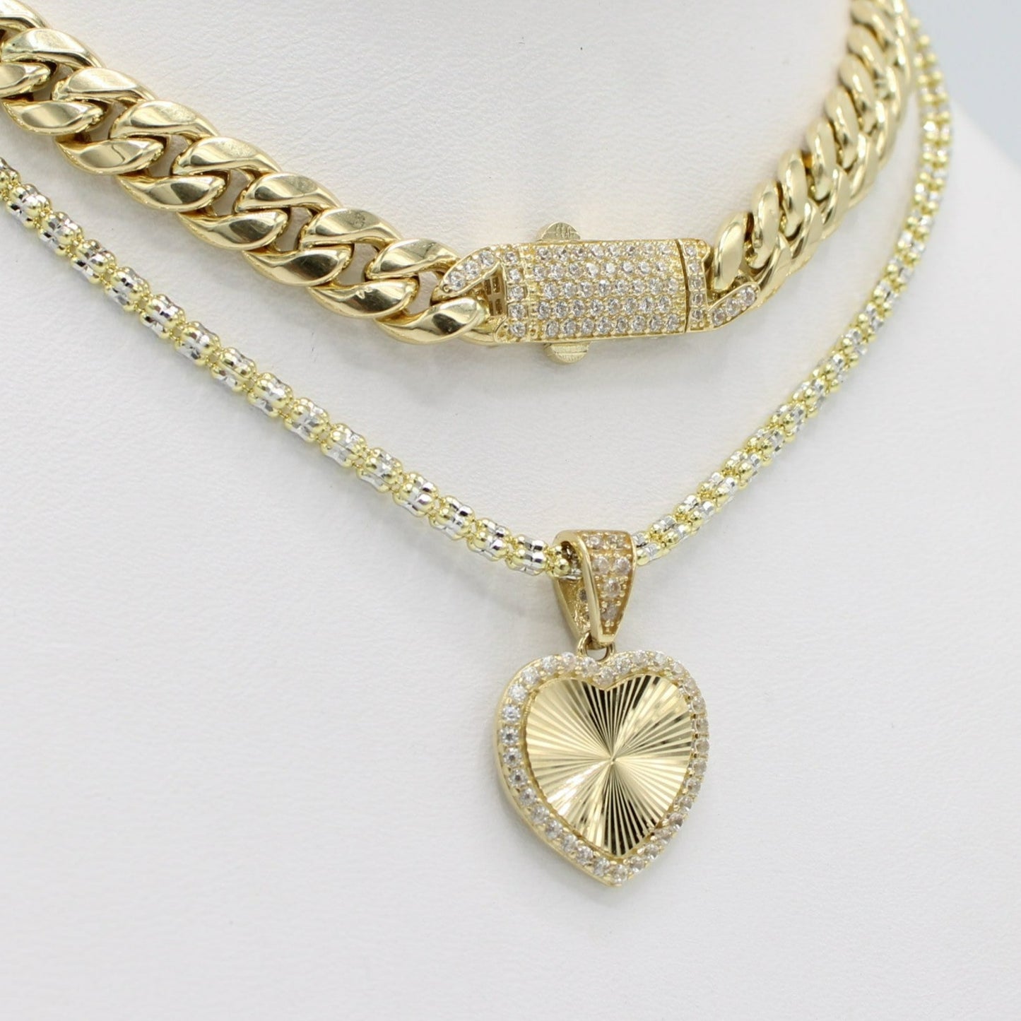 14K Cuban Choker with Heart Pendant Cz Stones with Ice Chain Yellow Gold