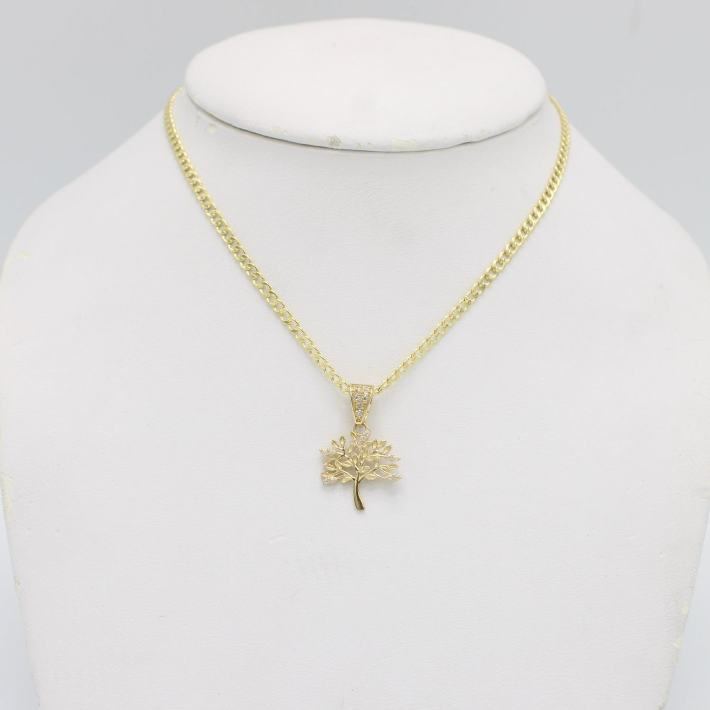 14K Tree Pendant Cz Stones with Cuban Chain Yellow Gold