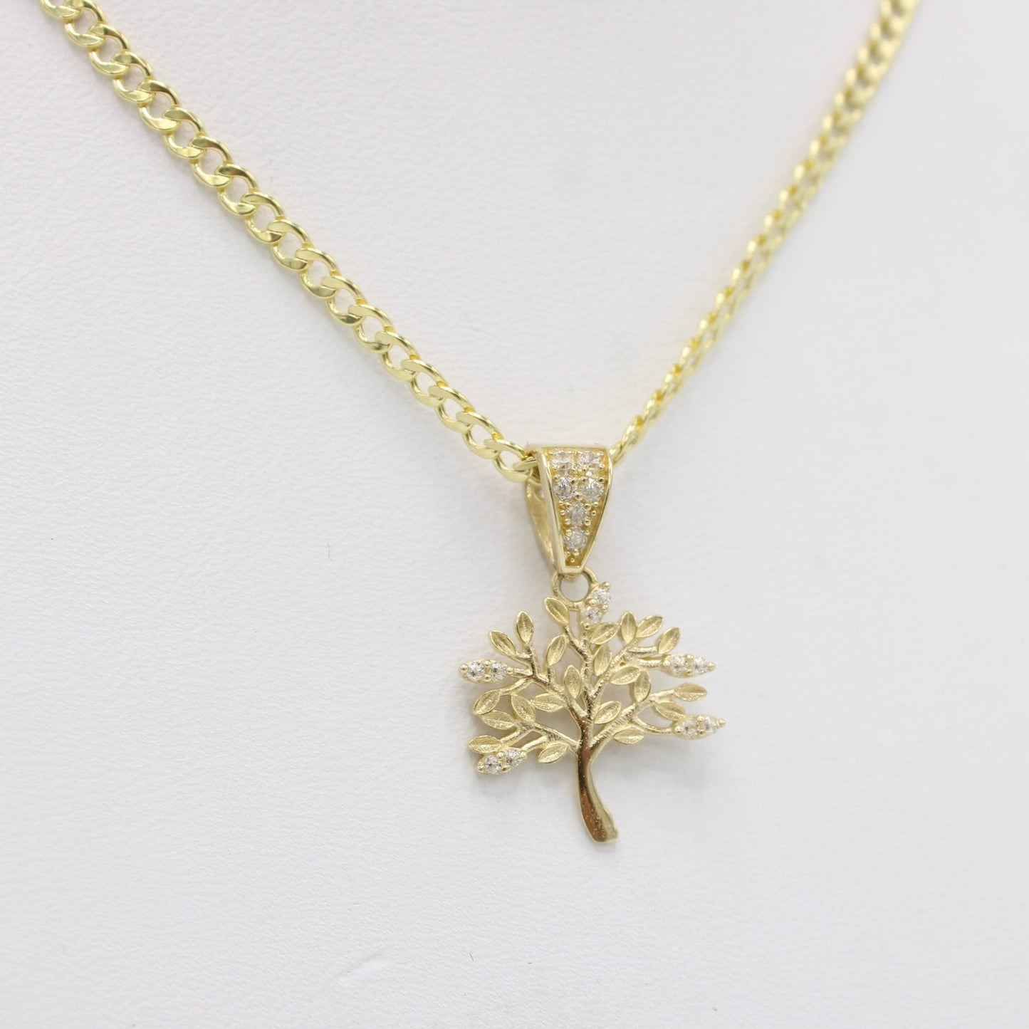 14K Tree Pendant Cz Stones with Cuban Chain Yellow Gold