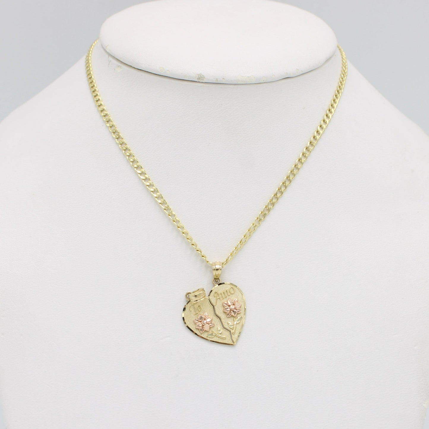 14K Doble Heart Pendant Two Tones with Cuban Chain Yellow Gold