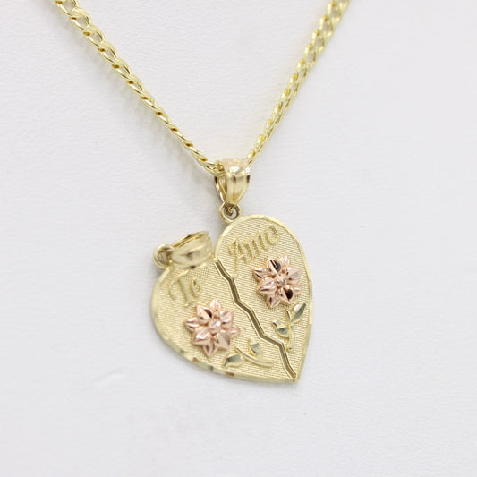 14K Doble Heart Pendant Two Tones with Cuban Chain Yellow Gold