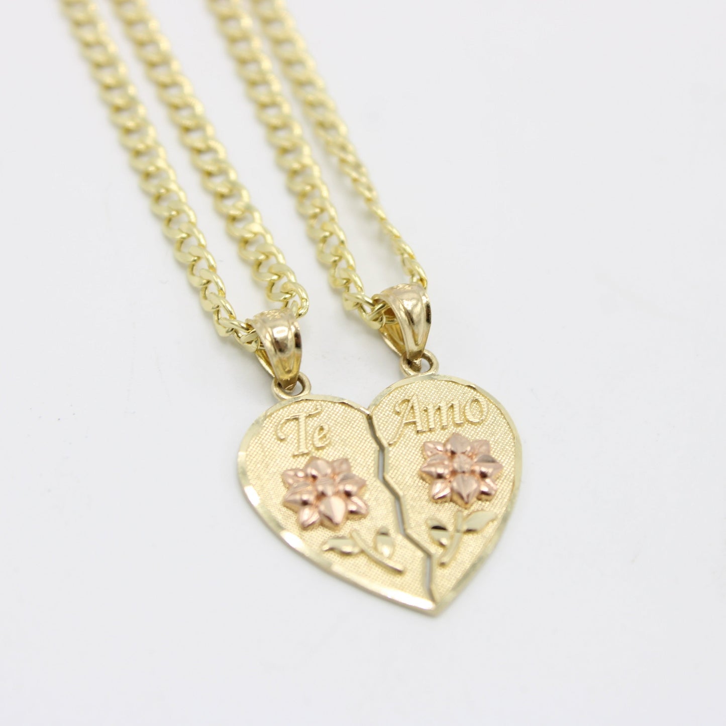 14K Doble Heart Pendant Two Tones with Cuban Chain Yellow Gold