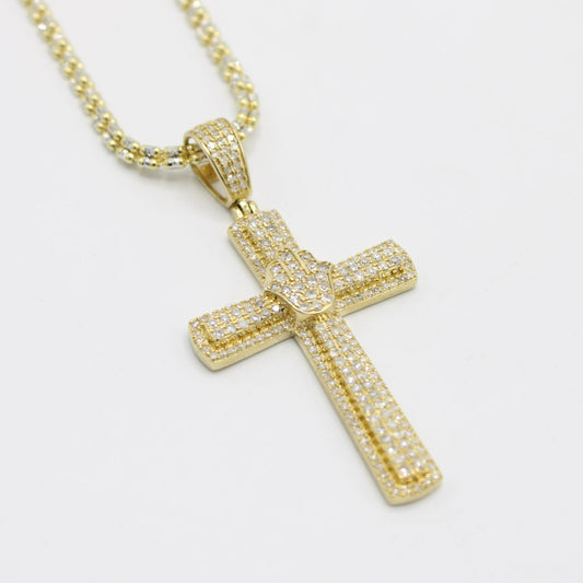 VS Diamond Cross Pendant with Ice Chain Yellow Gold