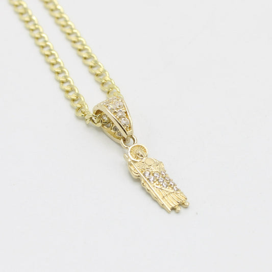 14K Minnie San Judas Pendant with Cuban Chain Yellow Gold