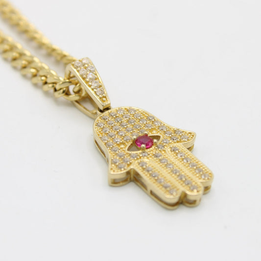 14K Hamsa Pendant Red Stone with Miami Cuban Chain  Yellow Gold