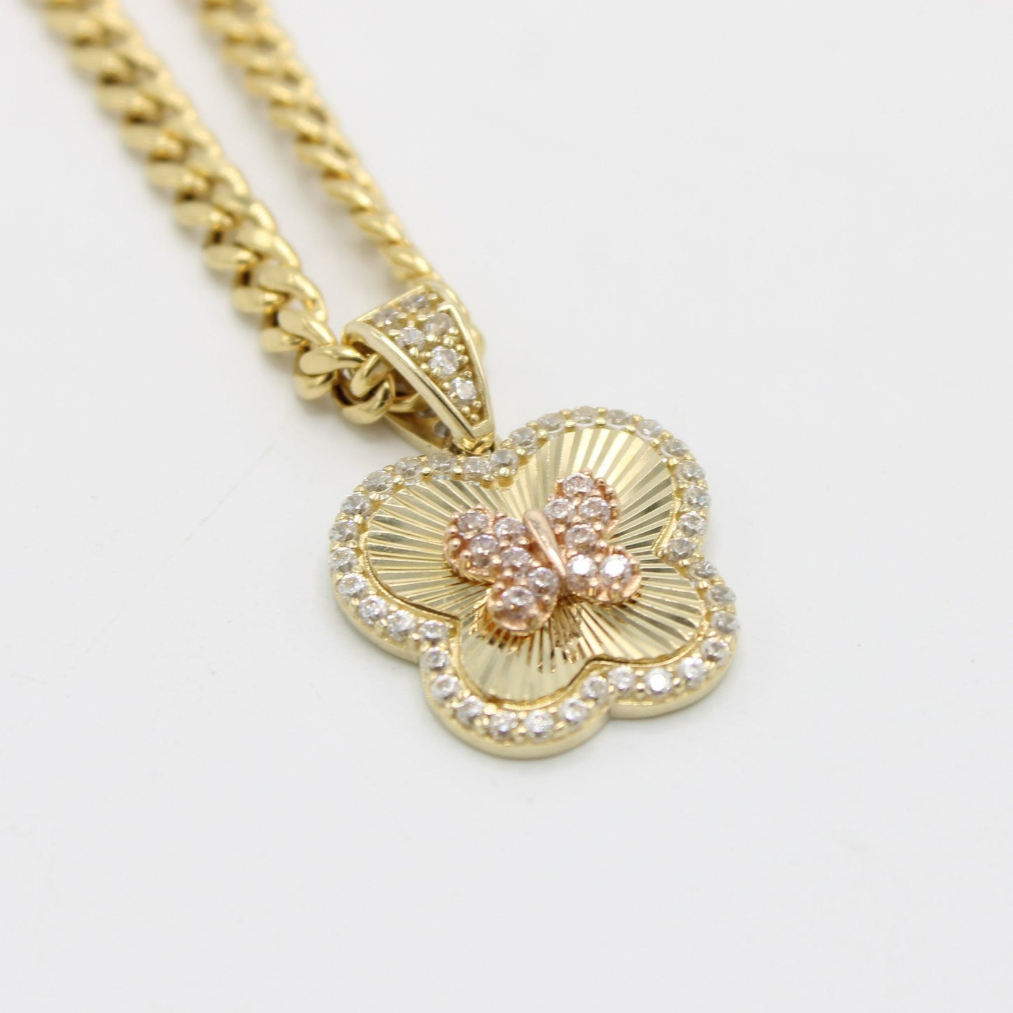 14K Butterfly Pendant with Miami Cuban Chain  Yellow Gold