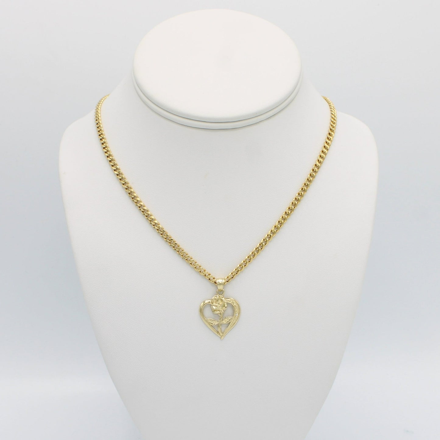 14K Rose Heart Pendant with Miami Cuban Chain  Yellow Gold