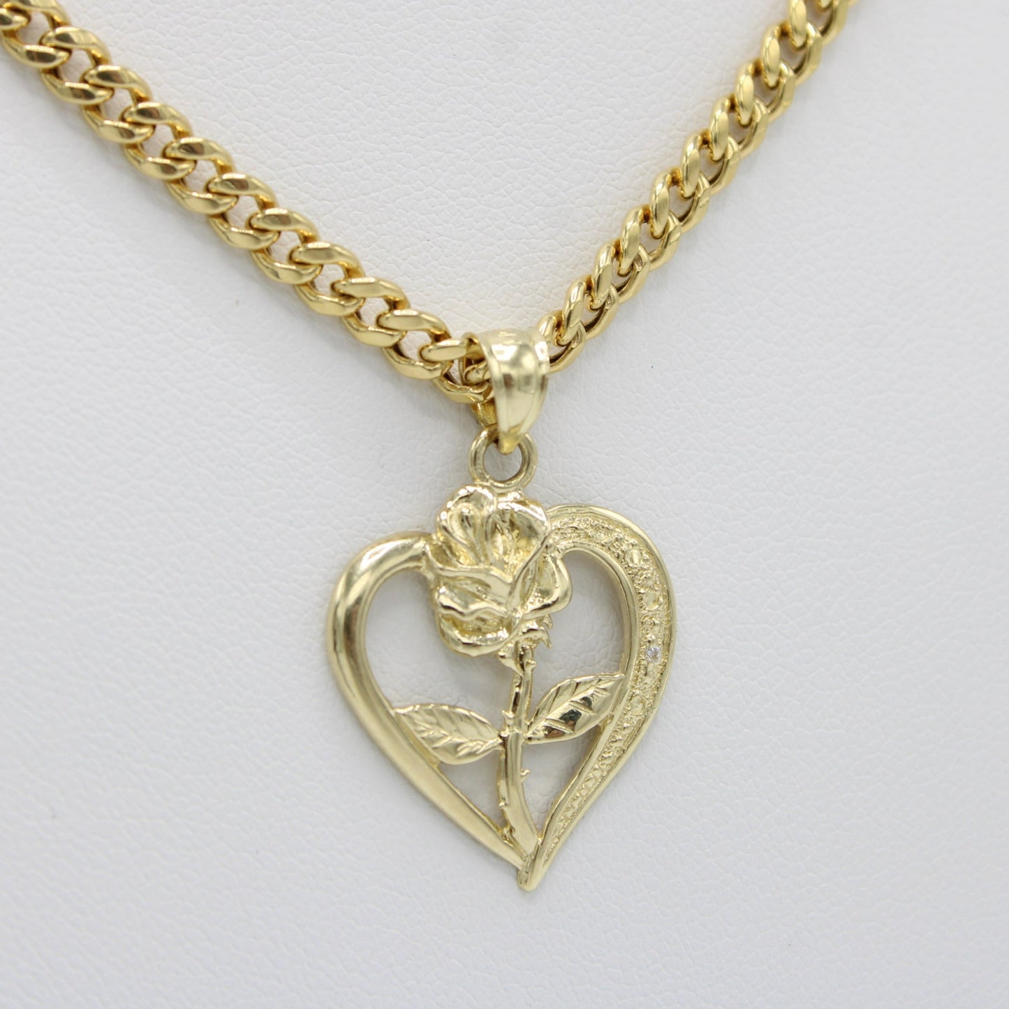 14K Rose Heart Pendant with Miami Cuban Chain  Yellow Gold