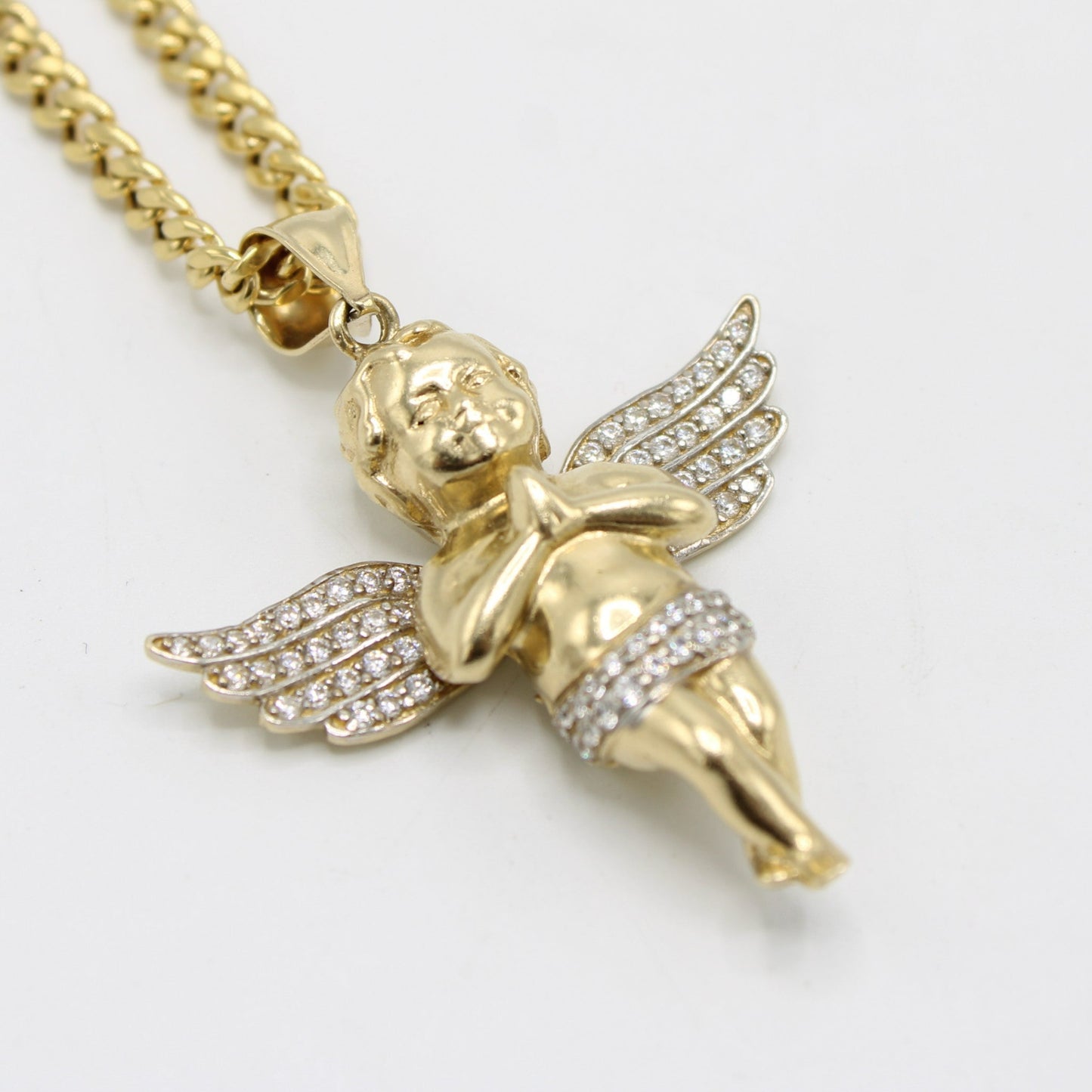 14K Angel Pendant Cz Stones wit Semi Solid Miami Cuban Chain Yellow Gold