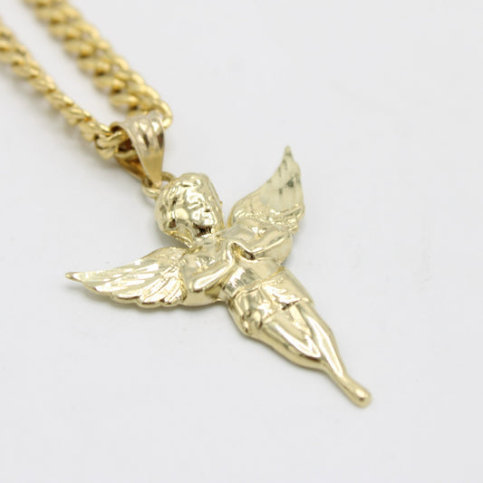 14K Angel Pendant wit Semi Solid Miami Cuban Chain Yellow Gold