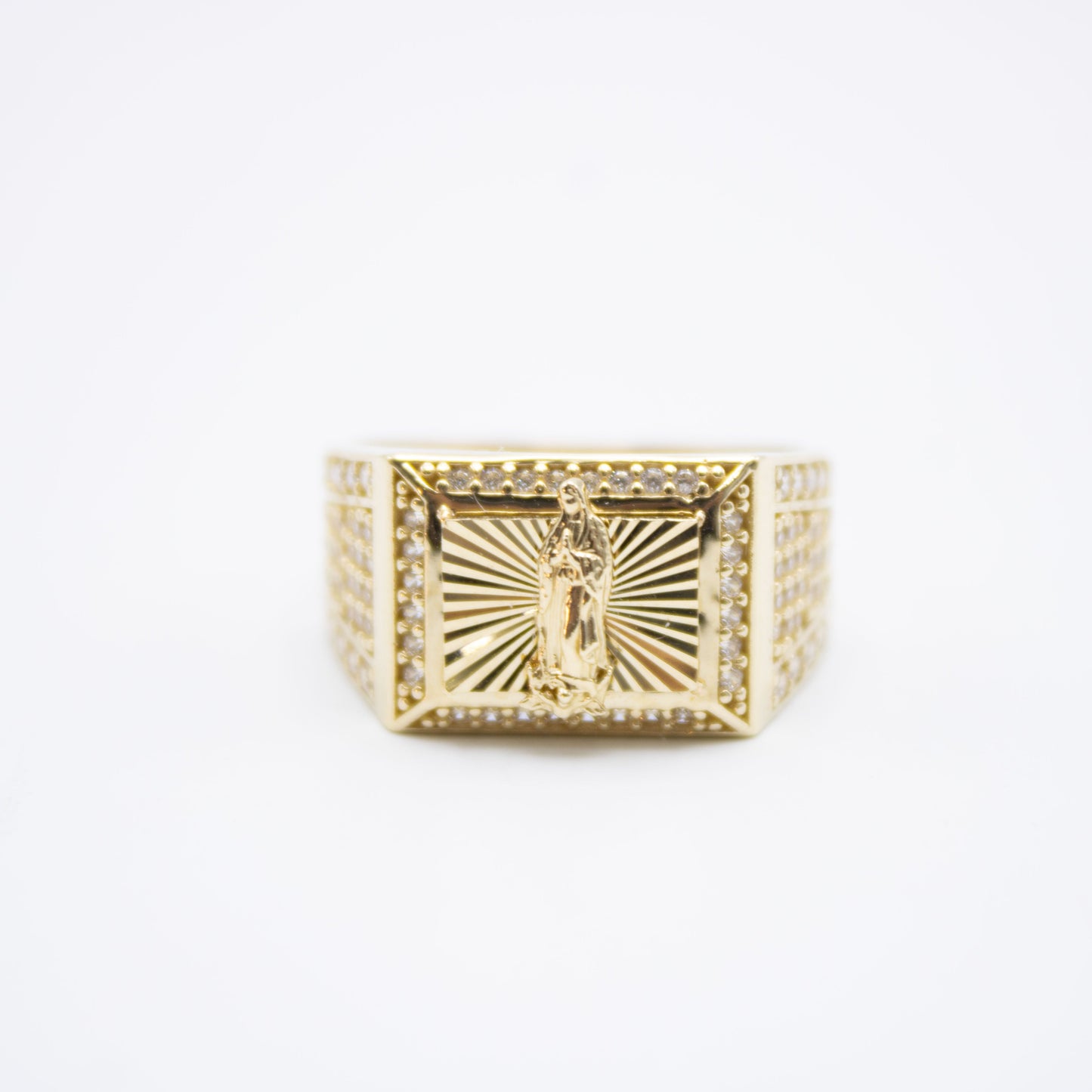 14K Virgen Maria  Square Cz Men's Ring Yellow Gold