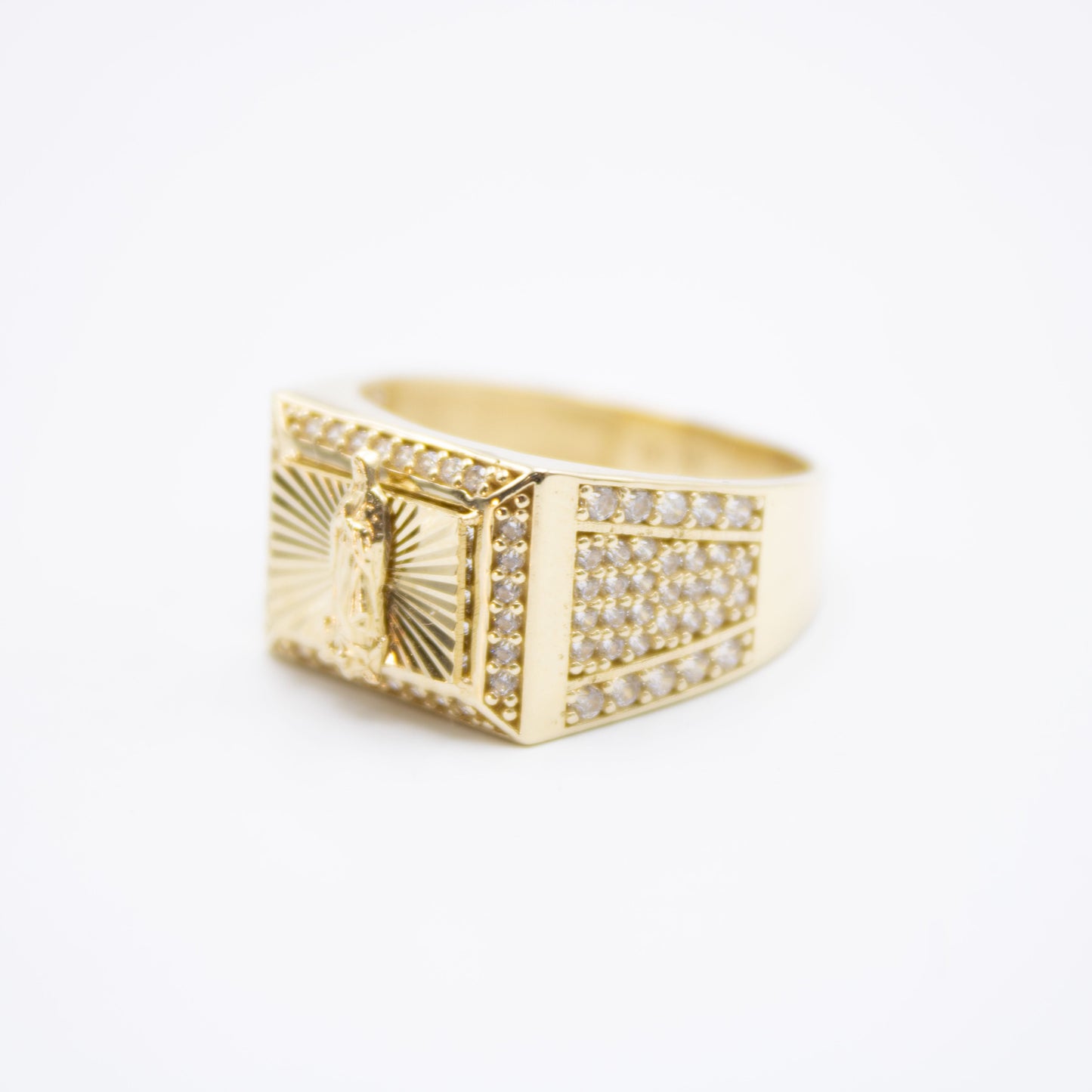 14K Virgen Maria  Square Cz Men's Ring Yellow Gold