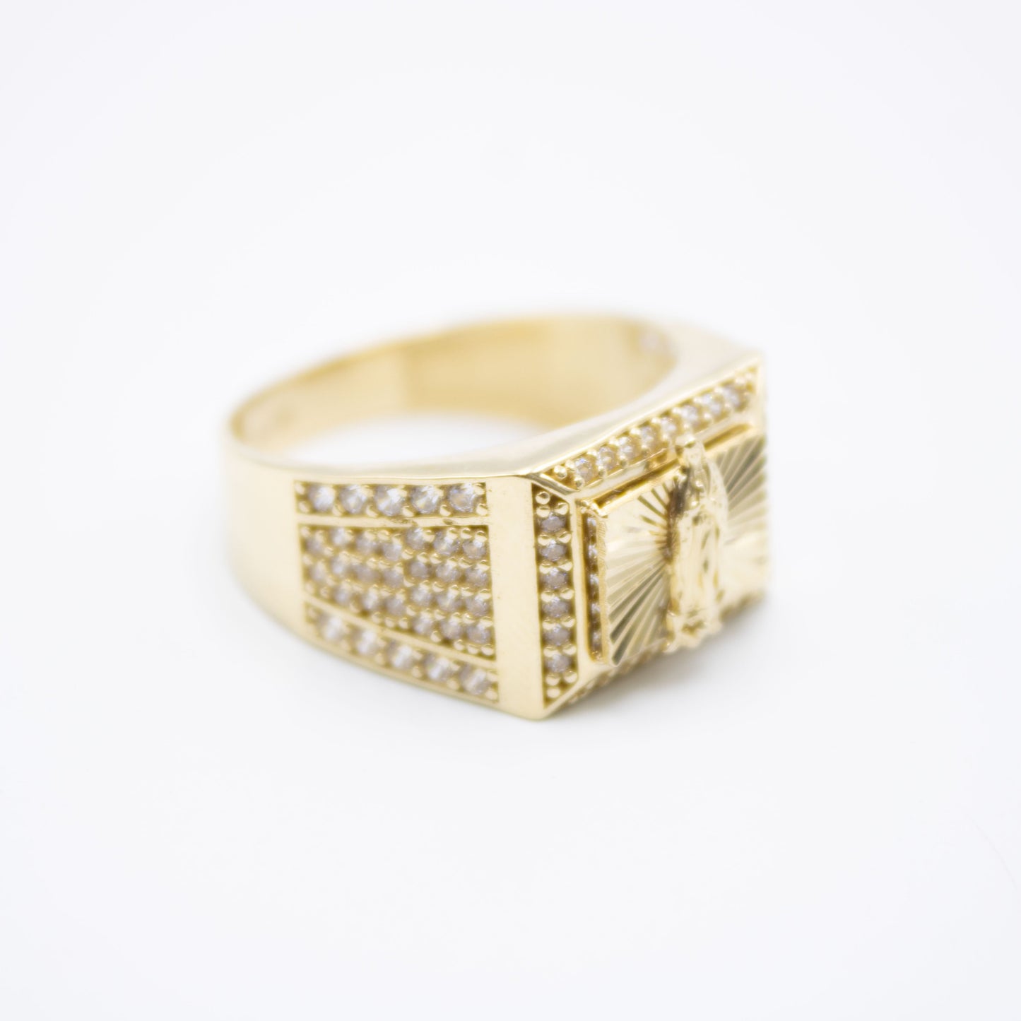 14K Virgen Maria  Square Cz Men's Ring Yellow Gold