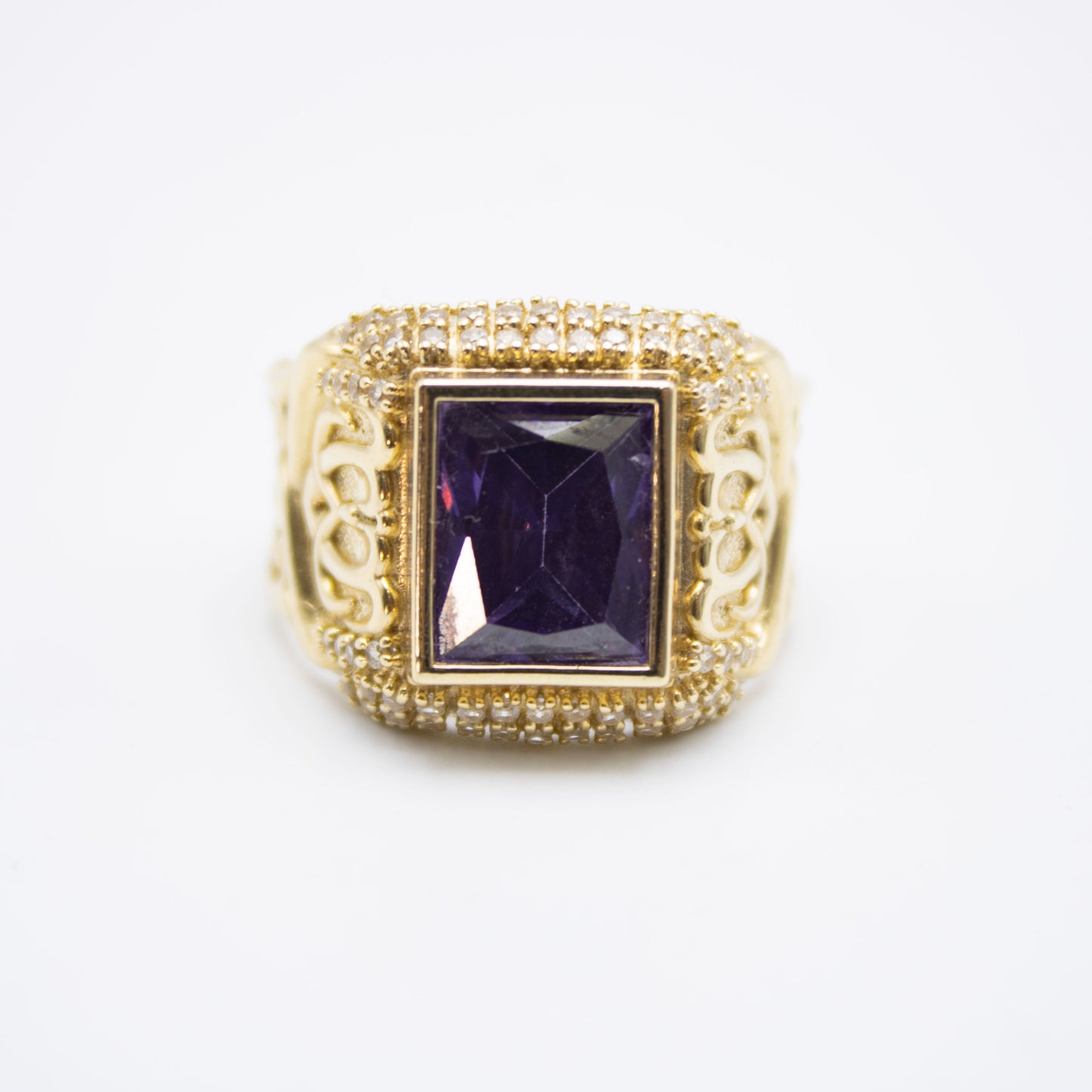 14K  Square Purple Cz Men's Ring Yellow Gold