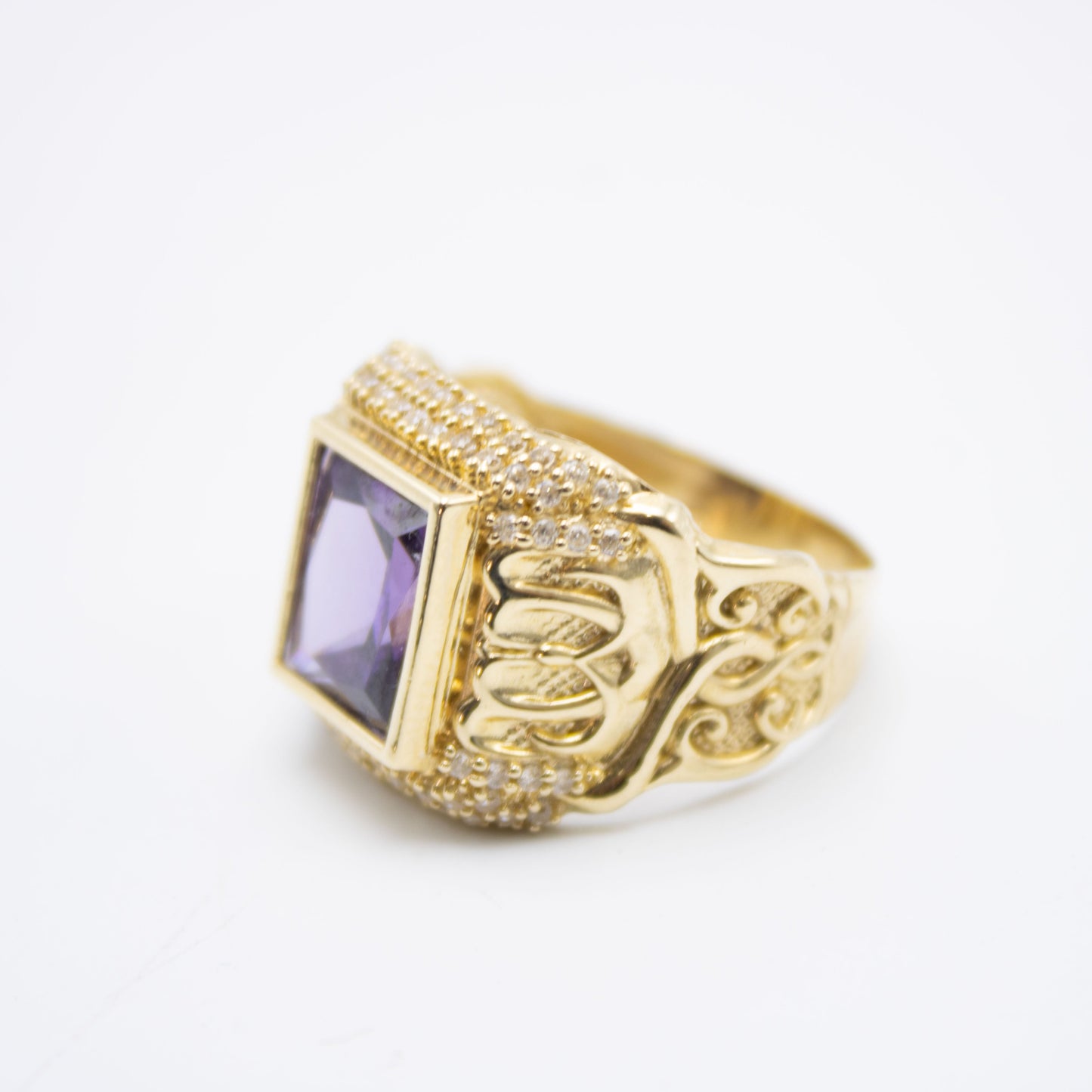 14K  Square Purple Cz Men's Ring Yellow Gold