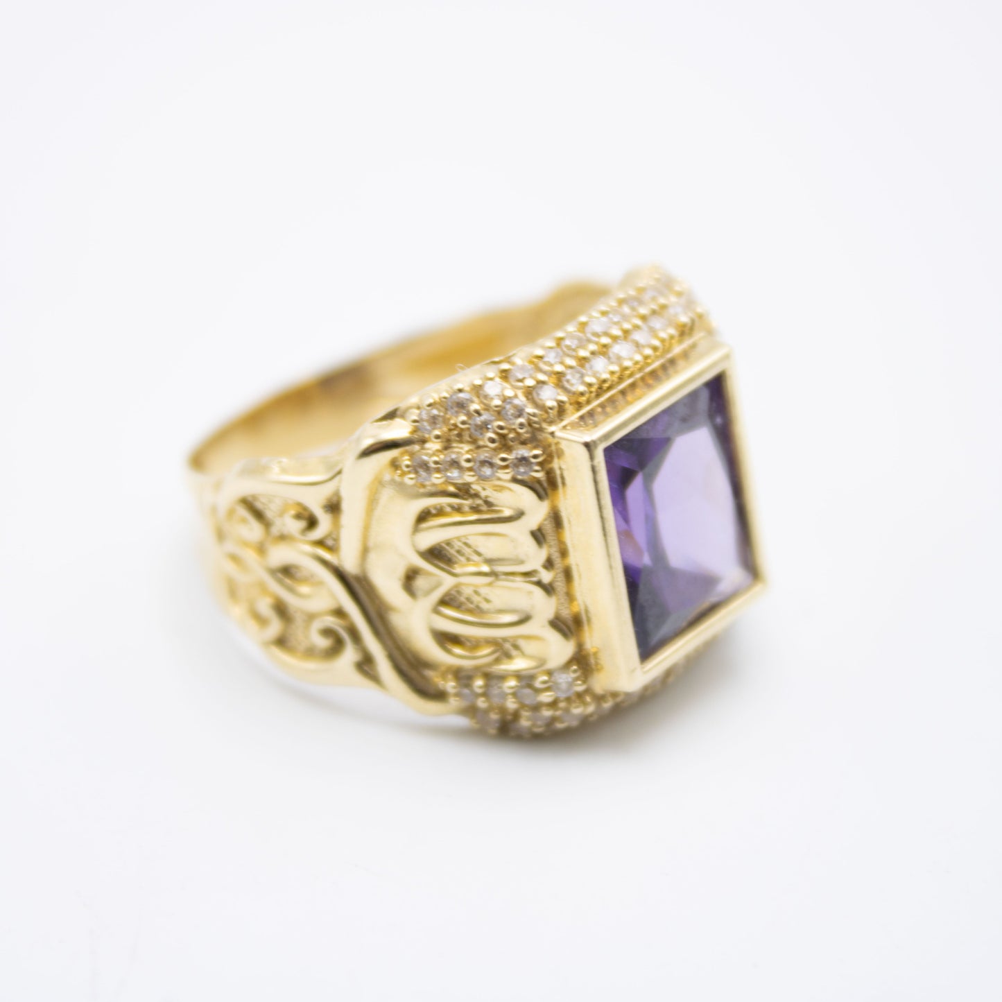 14K  Square Purple Cz Men's Ring Yellow Gold