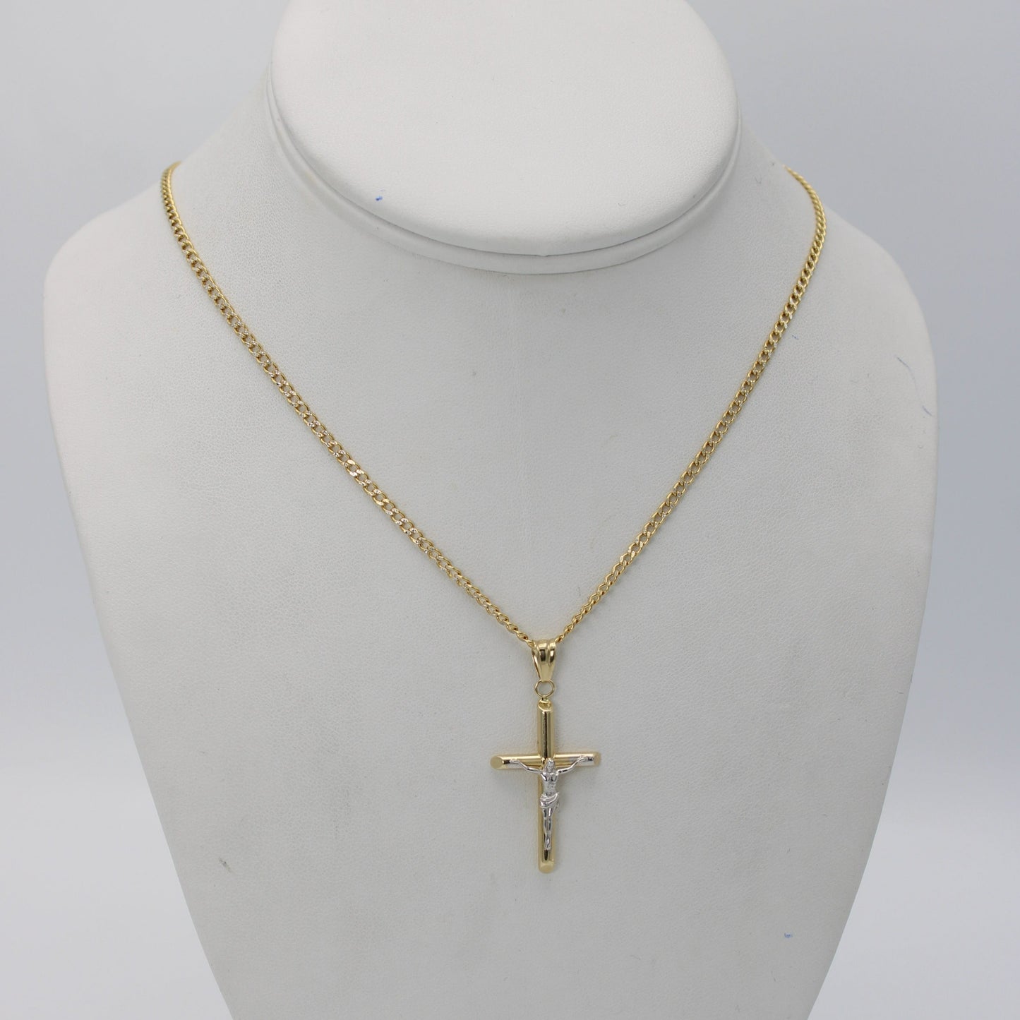 14K Cross Pendant With Cuban Chain Two Tones Yellow Gold