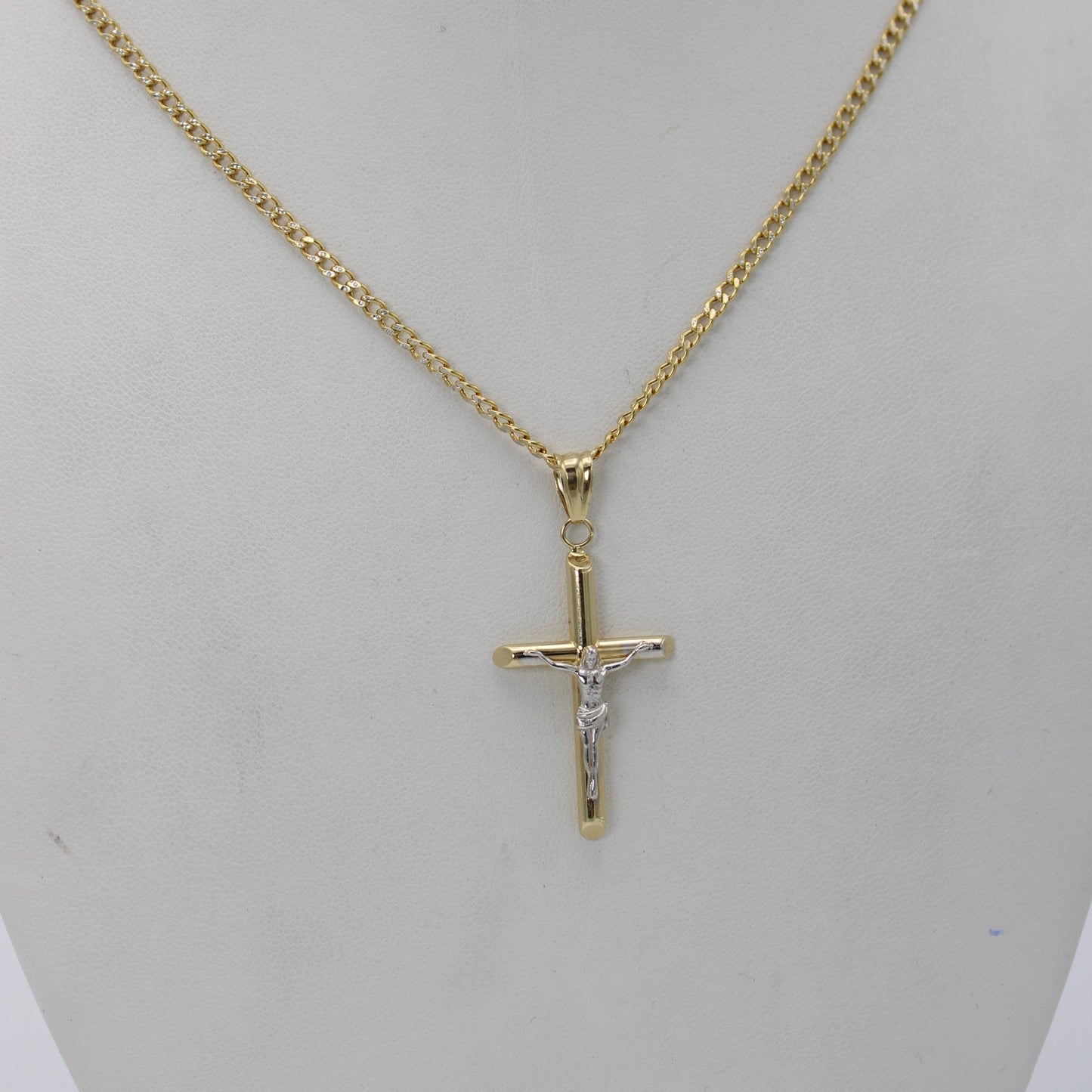 14K Cross Pendant With Cuban Chain Two Tones Yellow Gold