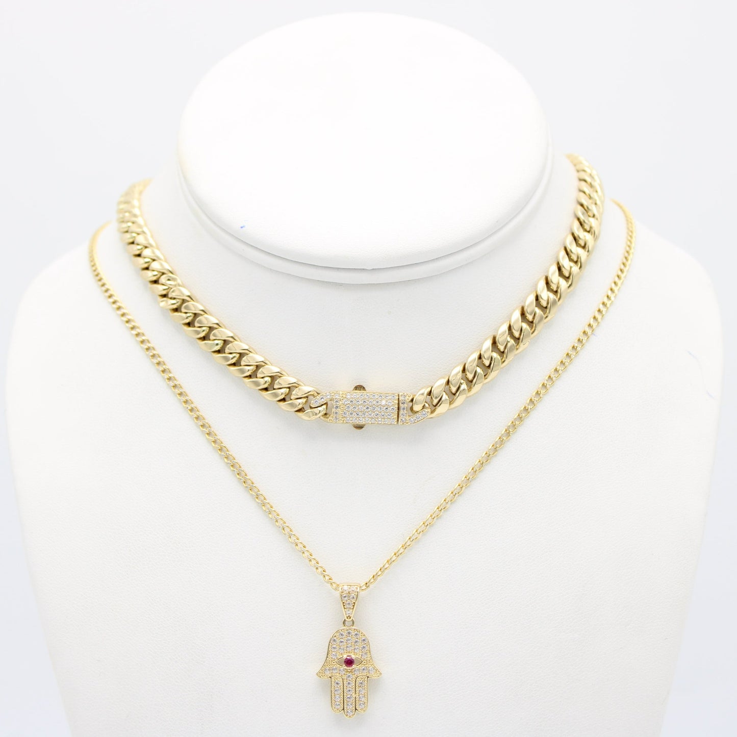 14K Hollow Choker With Hamsa Pendant With Cuban Chain Two Tones Yellow Gold