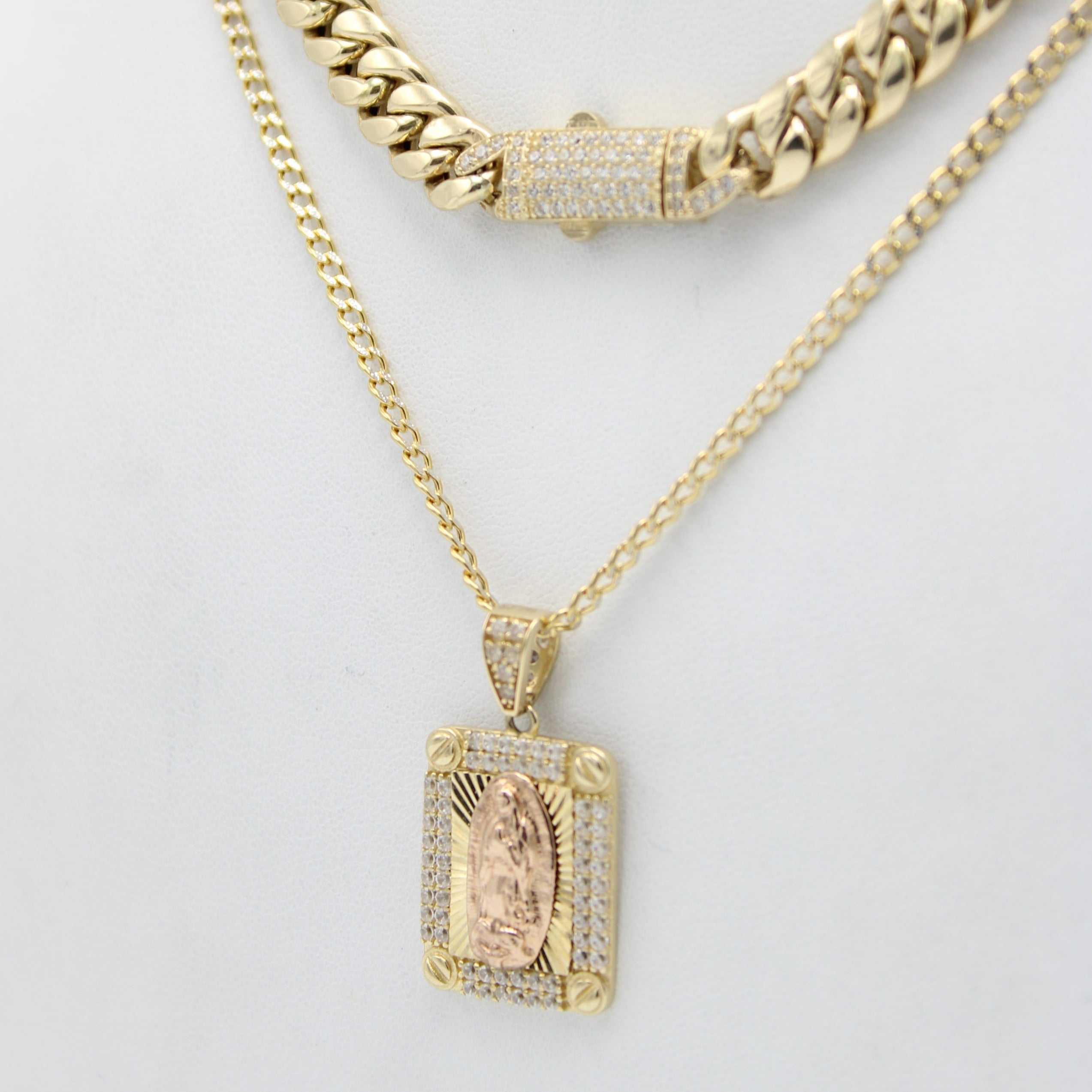 14k Hollow Choker With Virgen Guadalupe Pendant With Cuban Chain