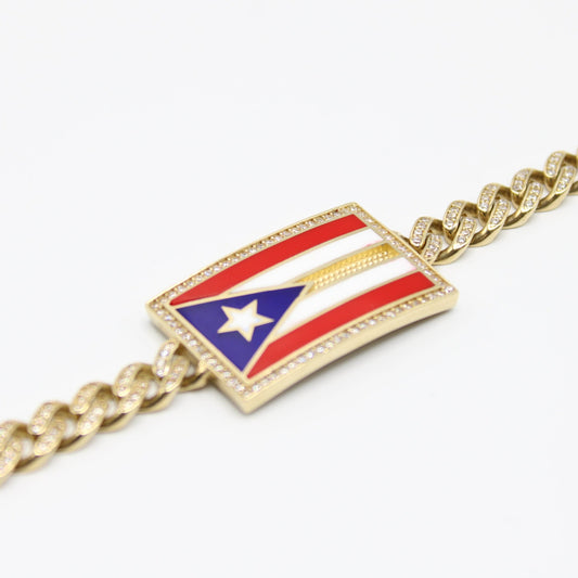 14K Puerto Rico Flag Bracelet Full Cz Lock