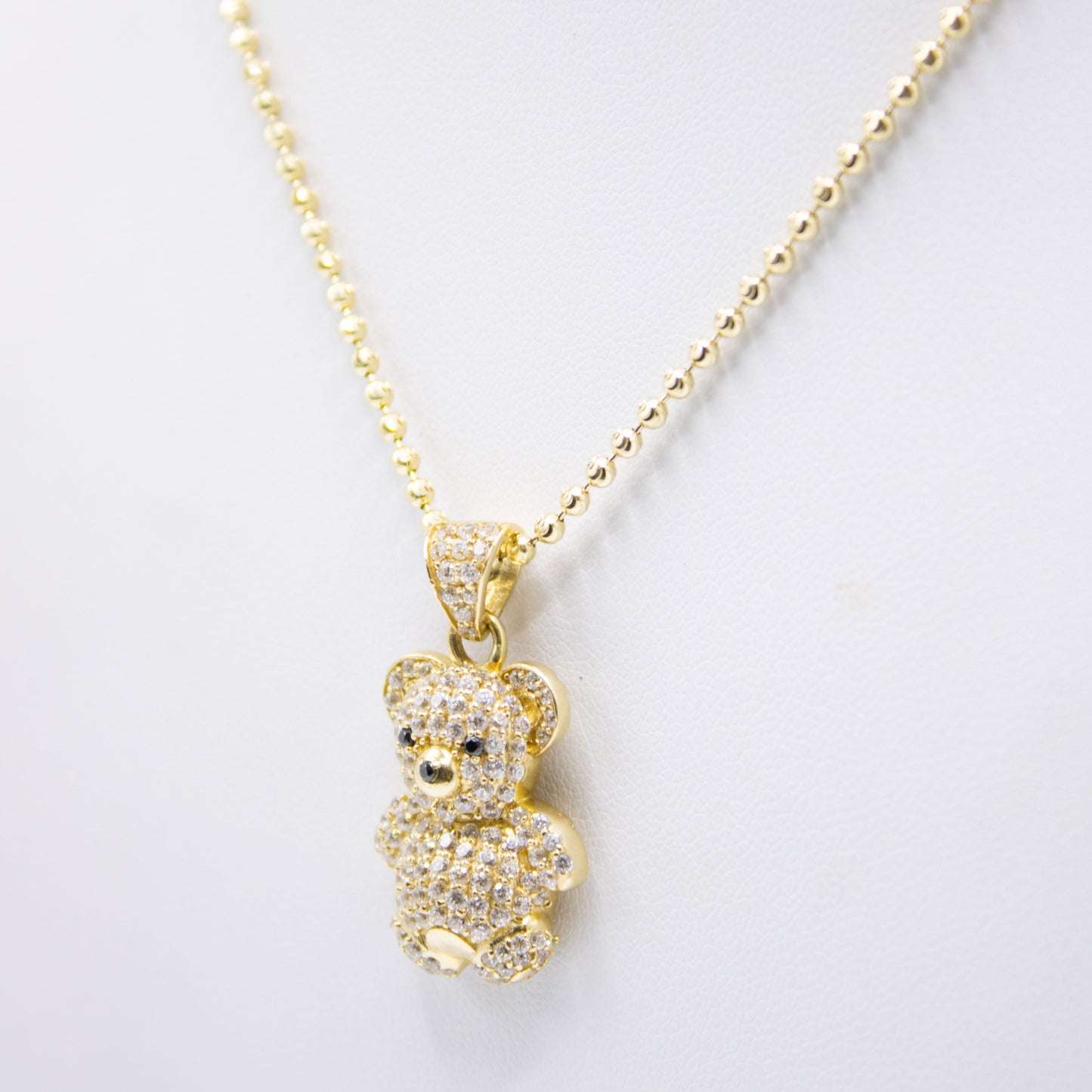 14K Teddy Bear Pendant Cz Stones With Moon Cut Chain Yellow Gold