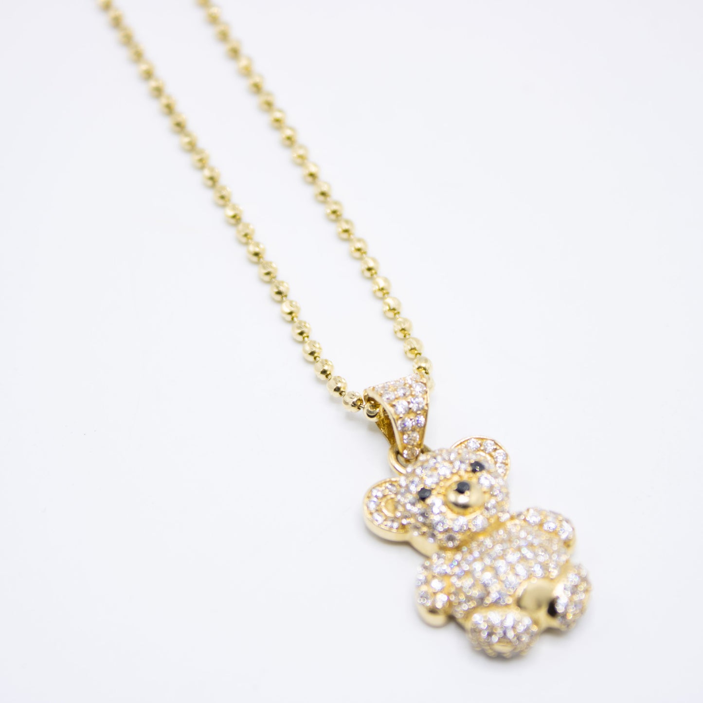 14K Teddy Bear Pendant Cz Stones With Moon Cut Chain Yellow Gold