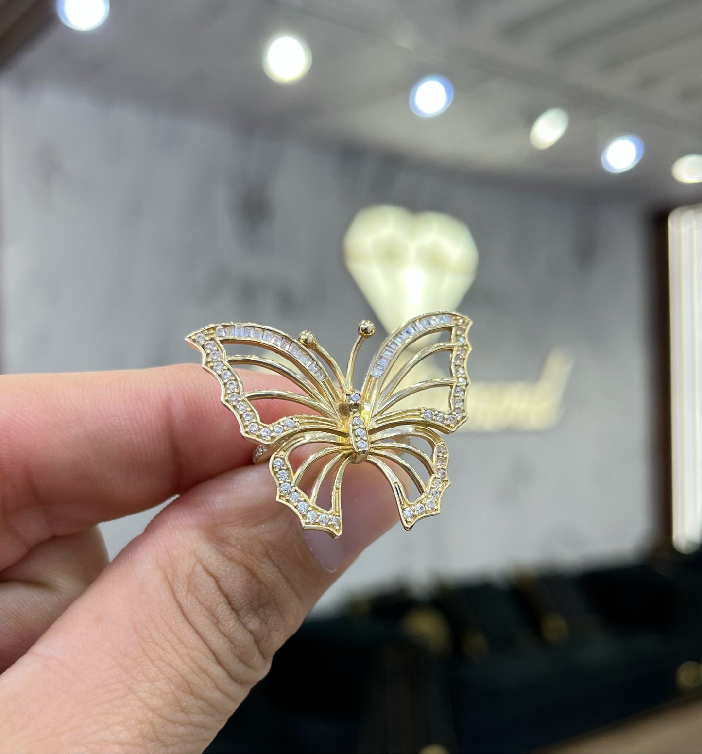 14K Butterfly Women's Ring Cz StonesTwo Tones Yellow Gold