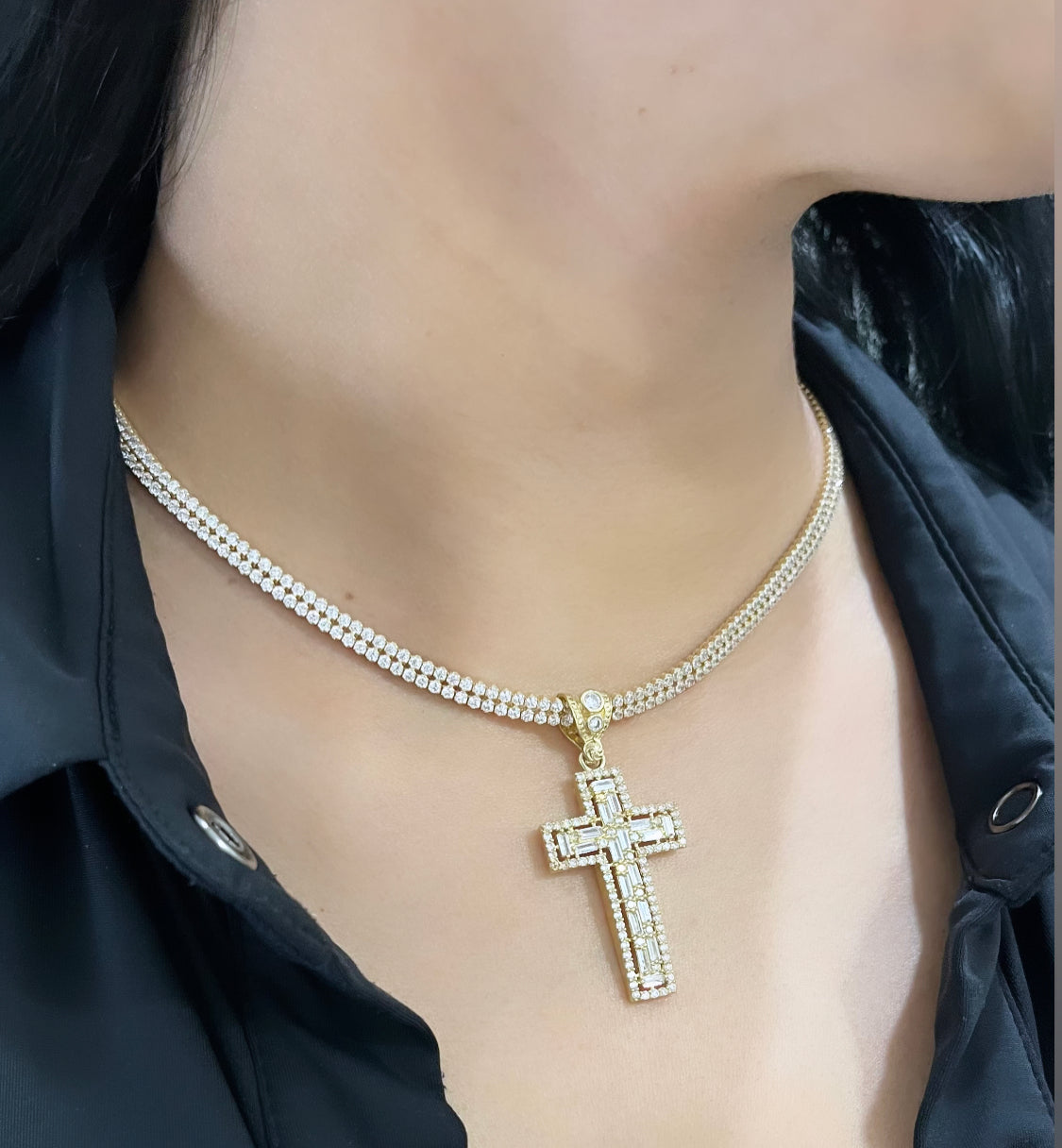 14K Monaco Choker Full Cz Stones With Cross Pendant Yellow Gold