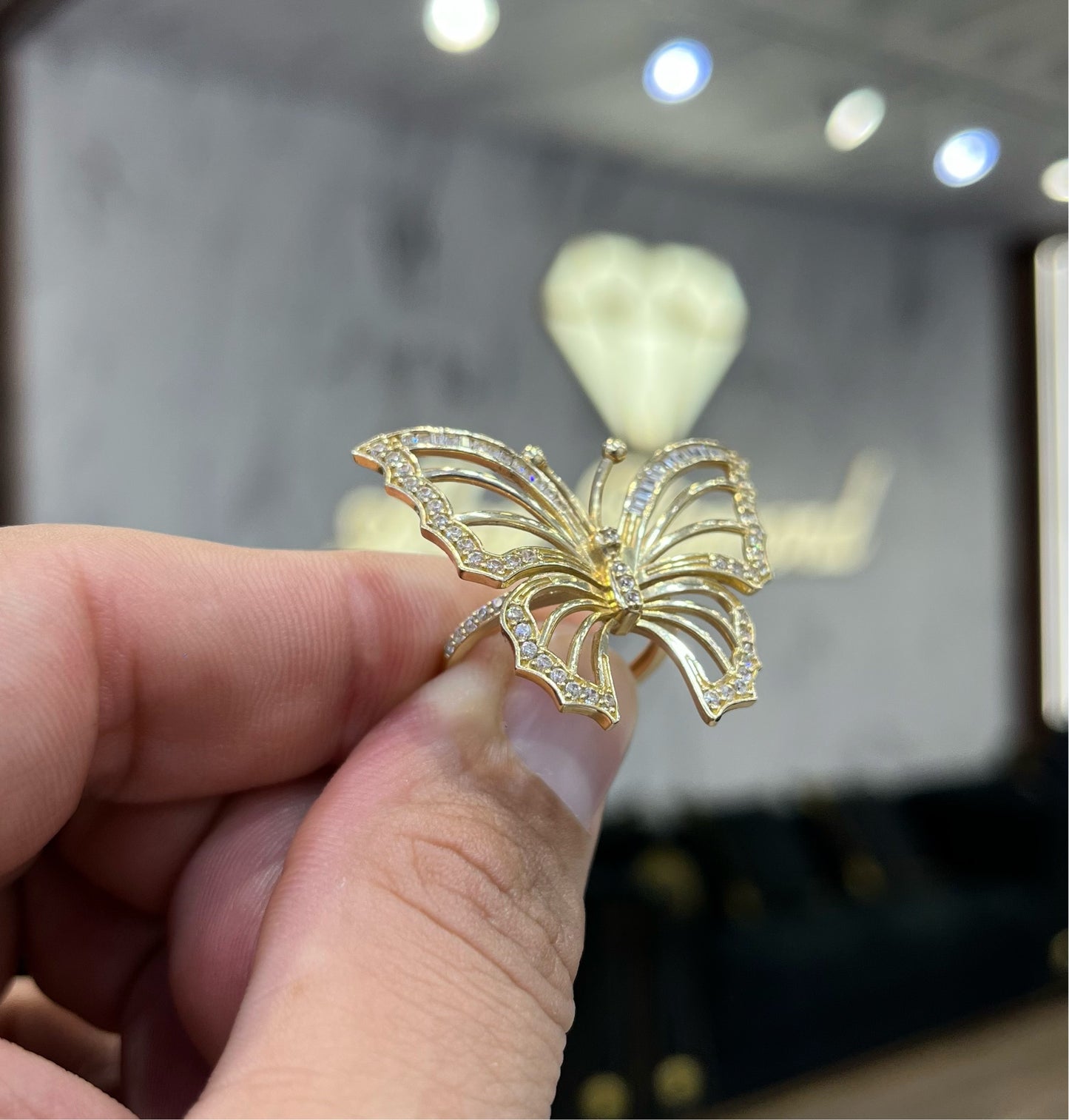 14K Butterfly Women's Ring Cz StonesTwo Tones Yellow Gold