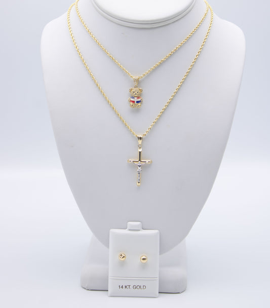 14K TEDDY BEAR DOMINICAN FLAT - CROSS PENDANT + FREE EARRINGS