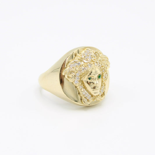 14K Medusa Cz Men's Ring Green Gems on Eyes