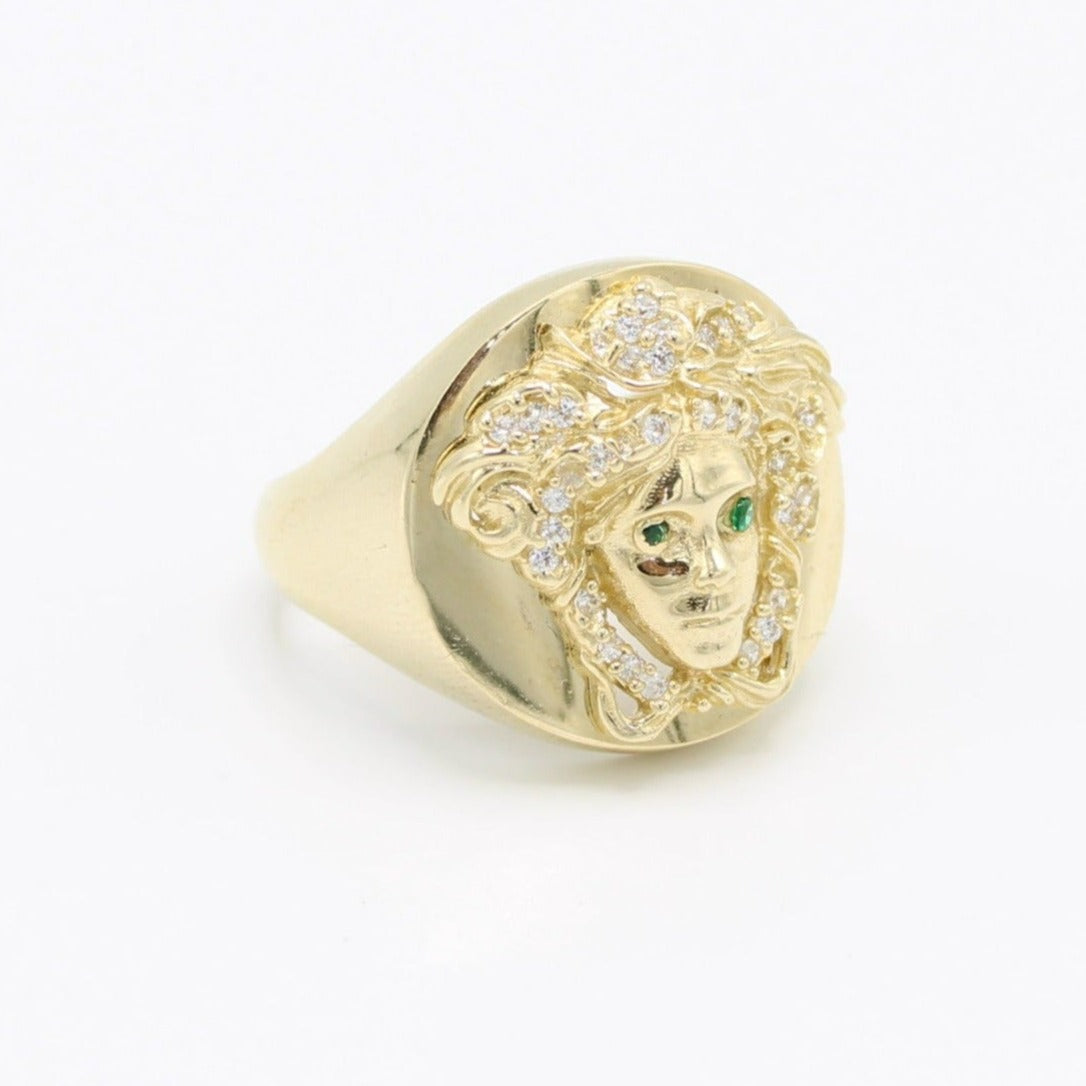 14K Medusa Cz Men's Ring Green Gems on Eyes