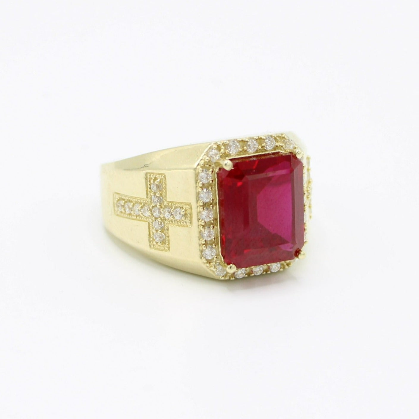 14K Red Stone Cz Men's Ring Yellow Gold