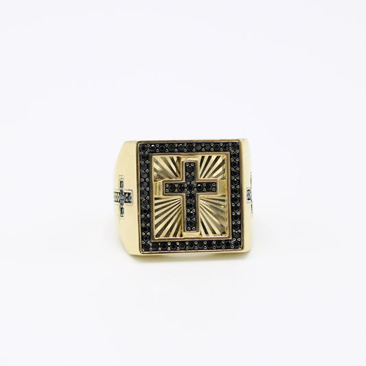 14K Cross Black Gems Men's Ring Yellow Gold