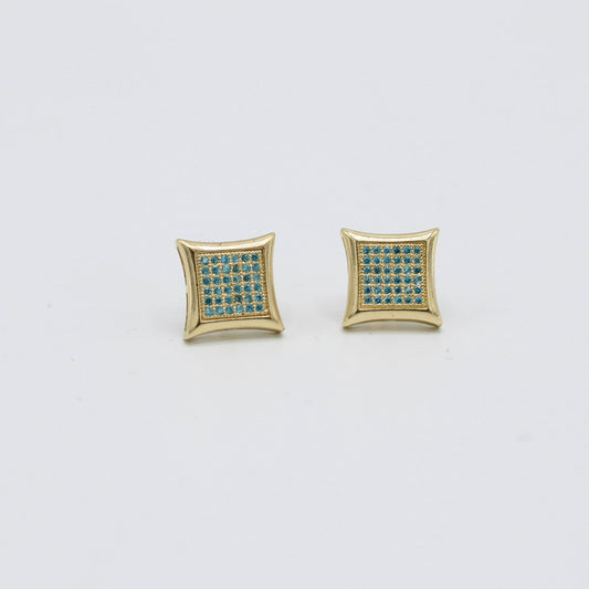 14K Square Men's Earring Cz Blue Stones