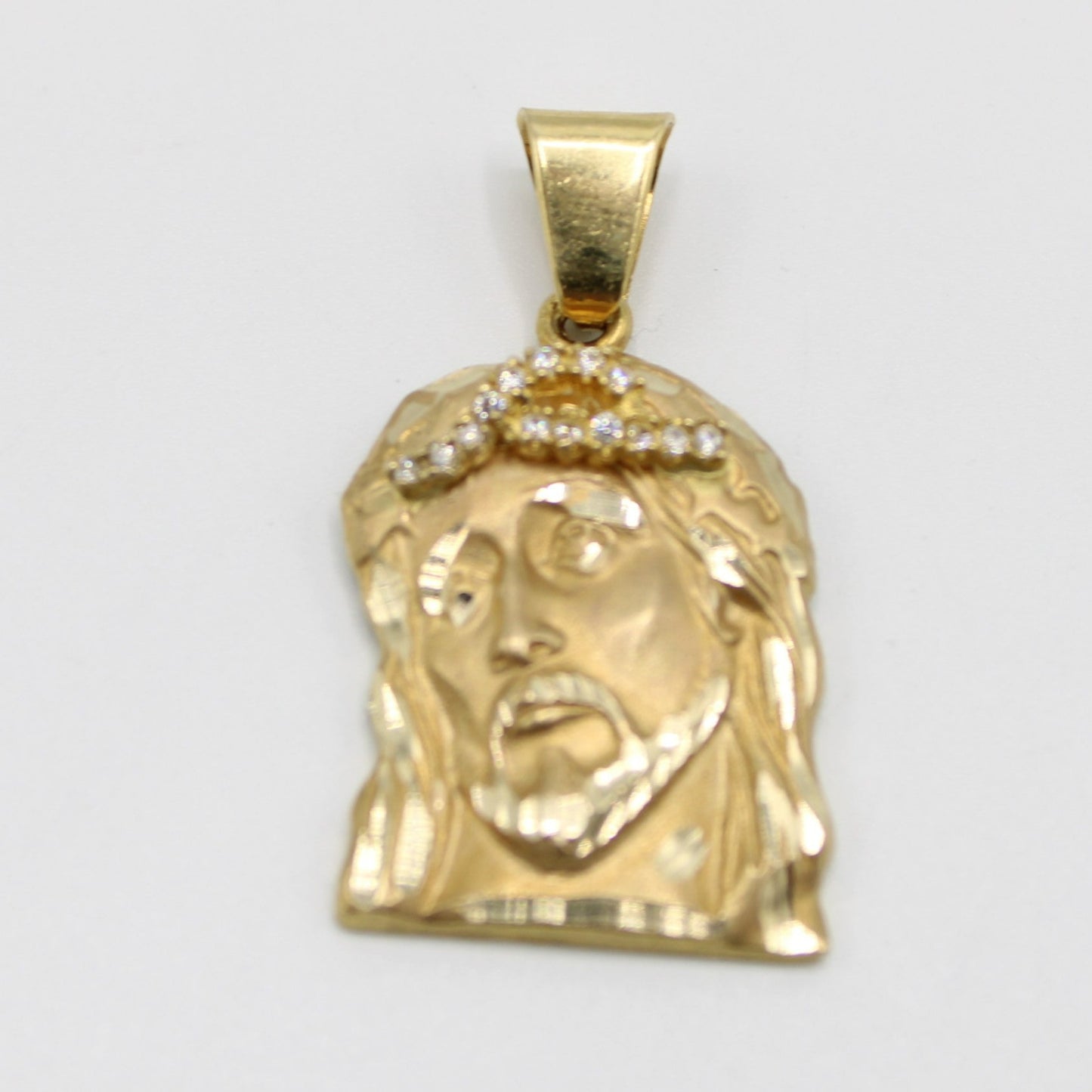 14K Solid Jesus Face Pendant  Cz Stones Yellow Gold