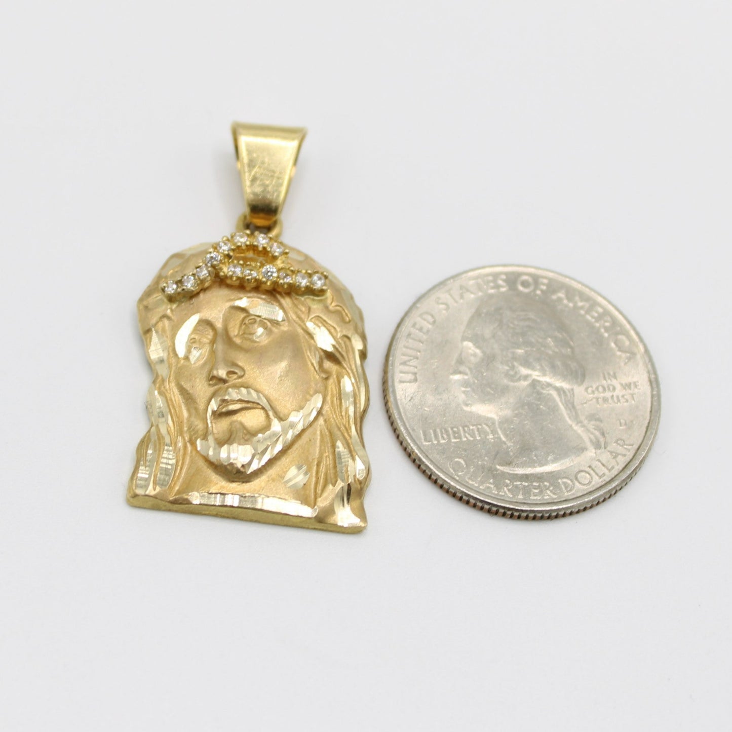 14K Solid Jesus Face Pendant  Cz Stones Yellow Gold