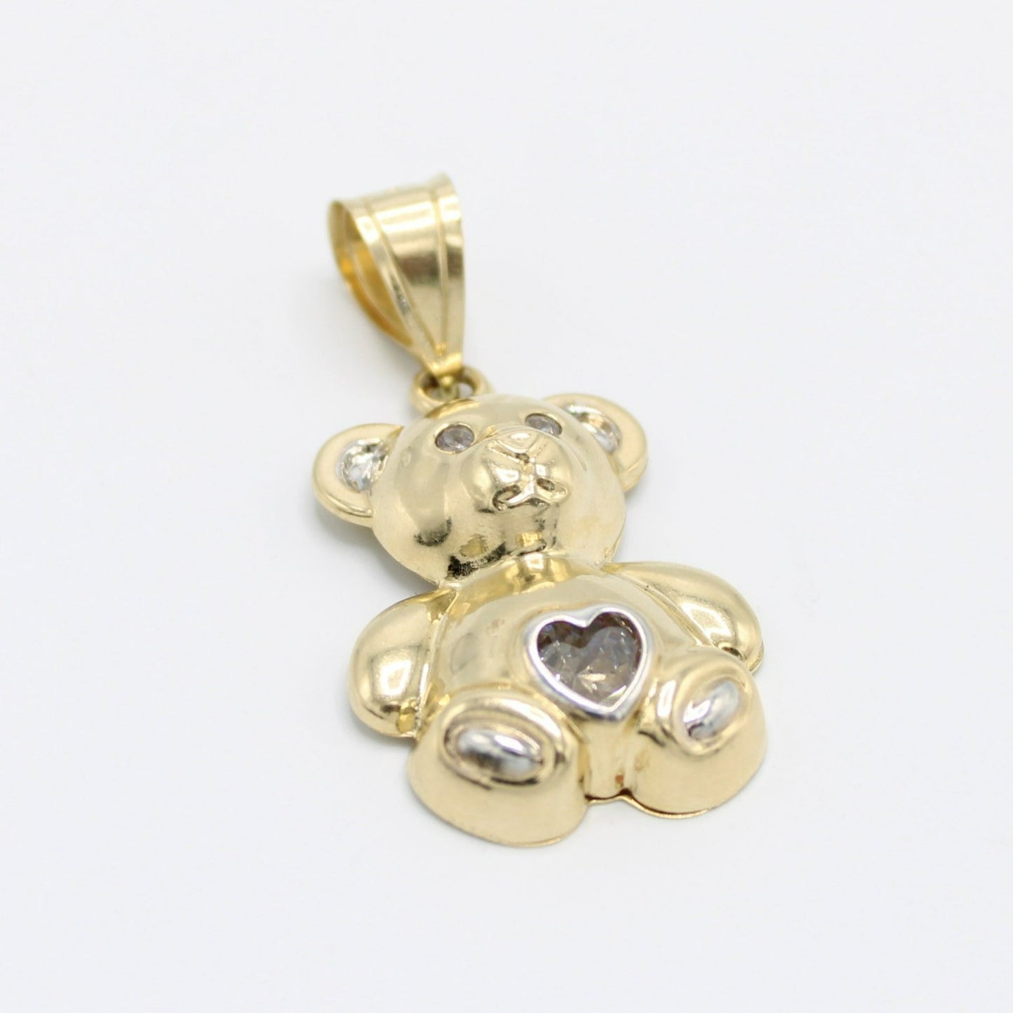 14K Teddy Bear  with 🤍 Heart White Birthstone (December) Yellow Gold