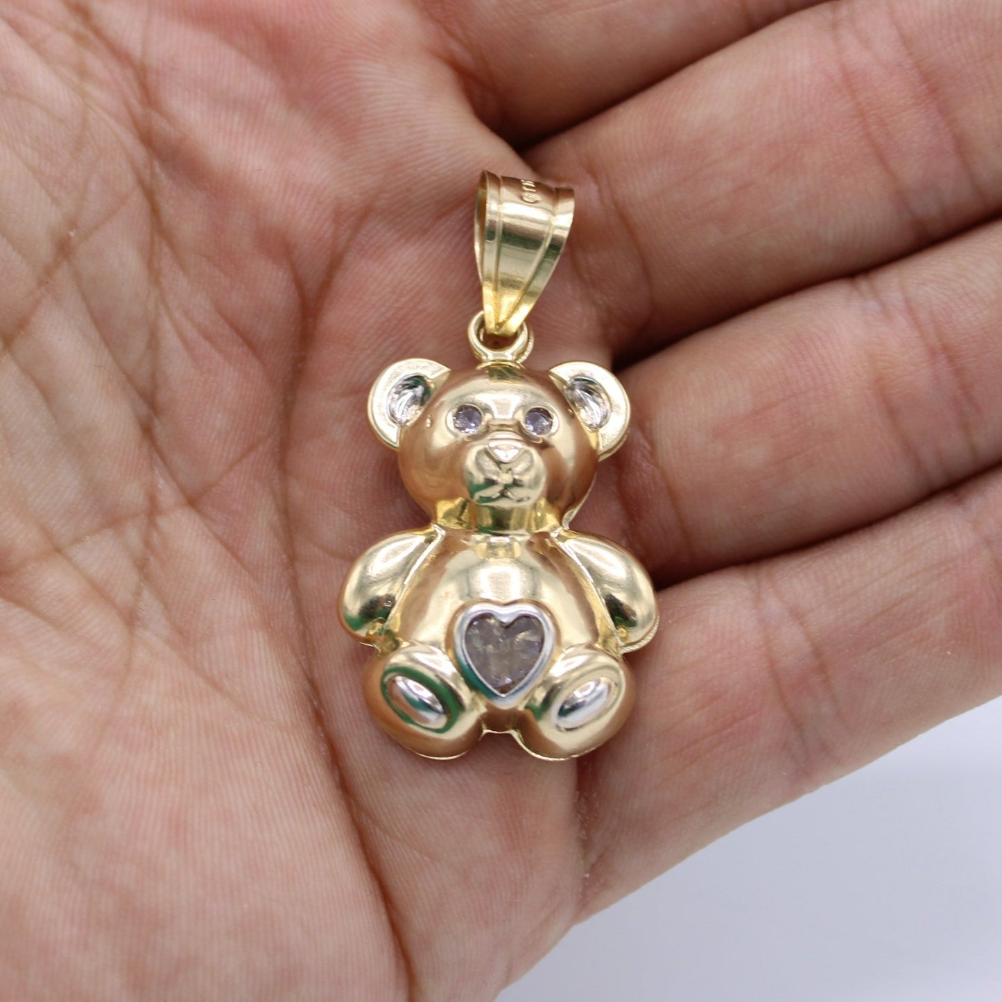 14K Teddy Bear  with 🤍 Heart White Birthstone (December) Yellow Gold