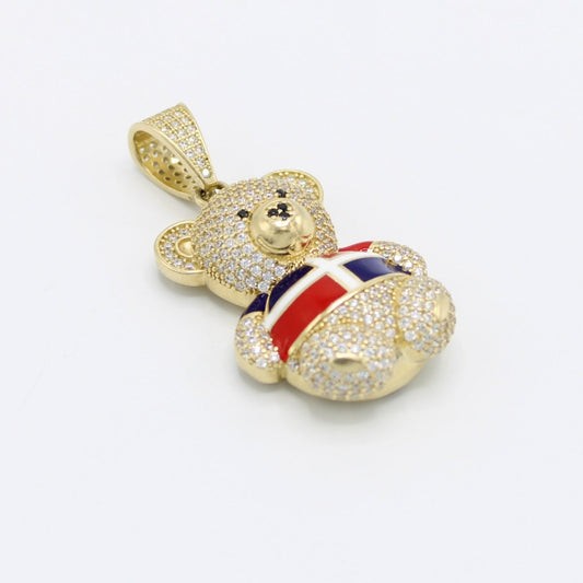 14K Teddy Bear  with Dominican Flag Cz Stones Yellow Gold