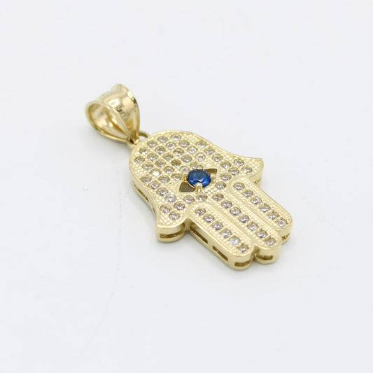 14K Hamsa Pendant Cz (Blue)Stones Yellow Gold