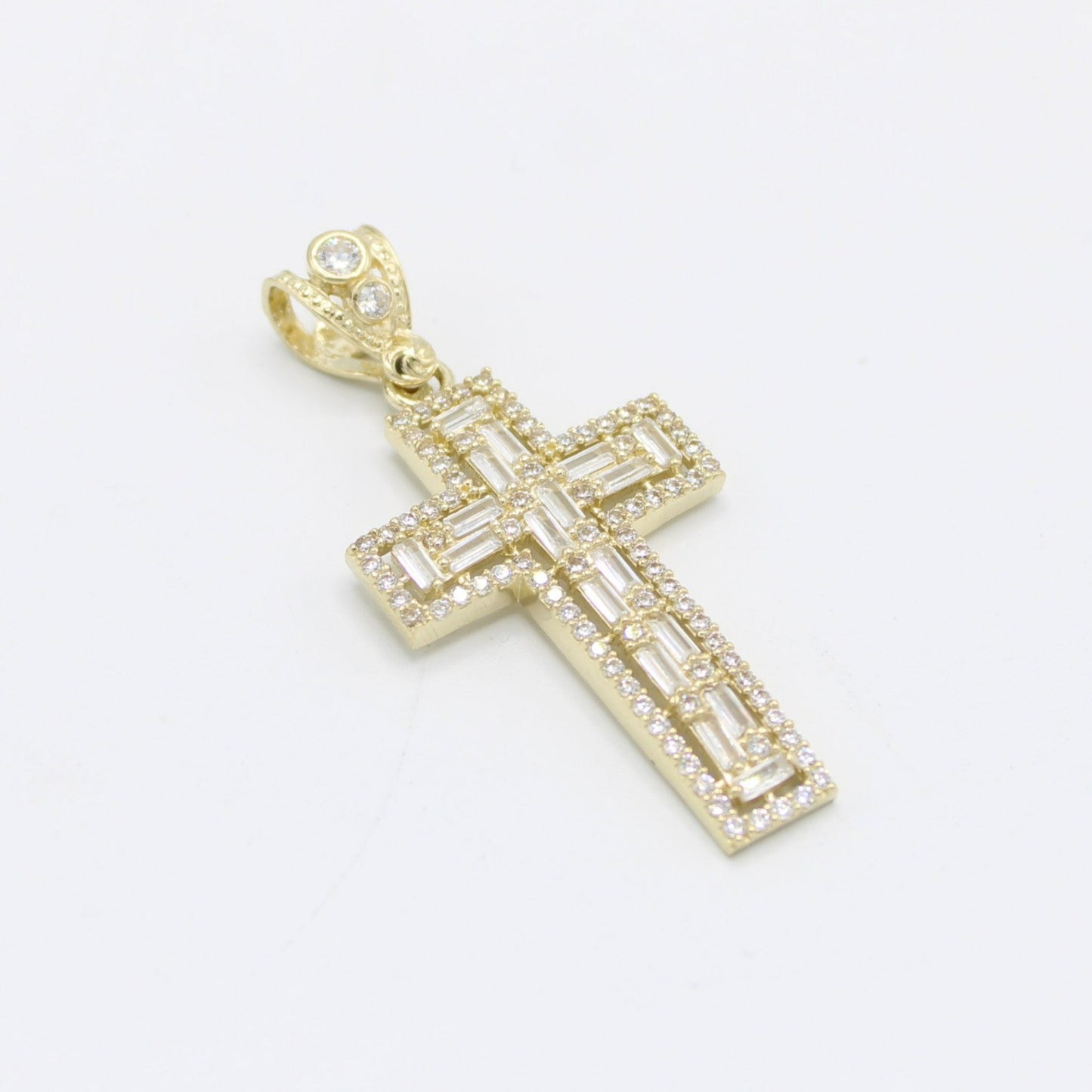 14K Cross Pendant Baguette/Cz Stones Yellow Gold