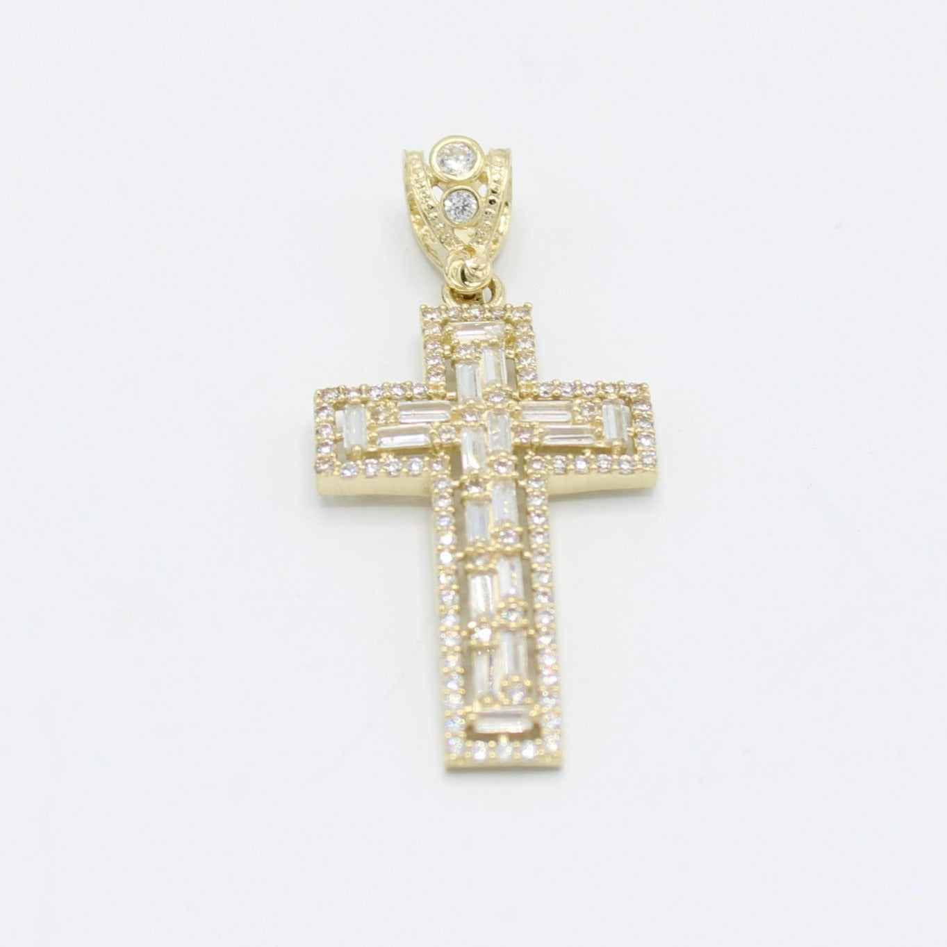 14K Cross Pendant Baguette/Cz Stones Yellow Gold