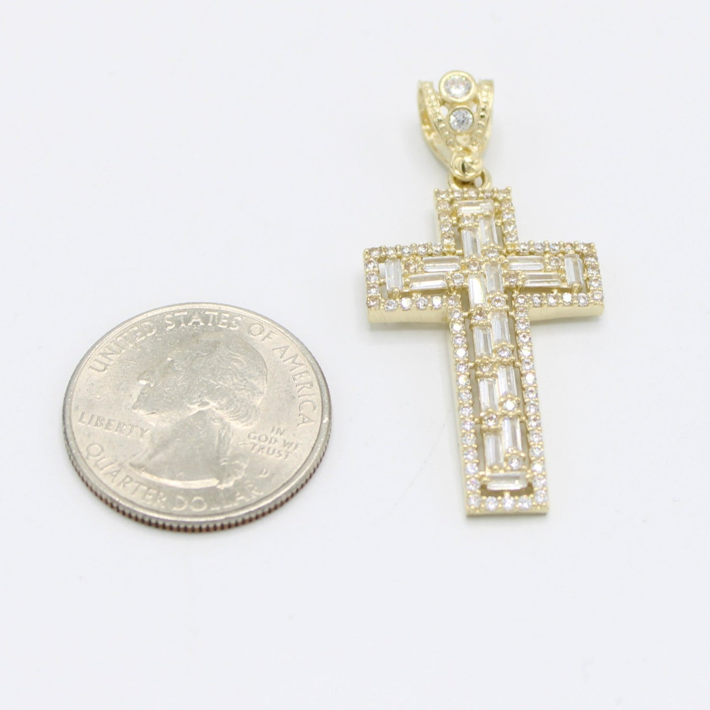 14K Cross Pendant Baguette/Cz Stones Yellow Gold