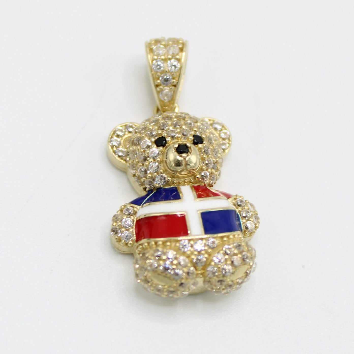 14K Teddy Bear Dominican Flag Cz Stones Yellow Gold