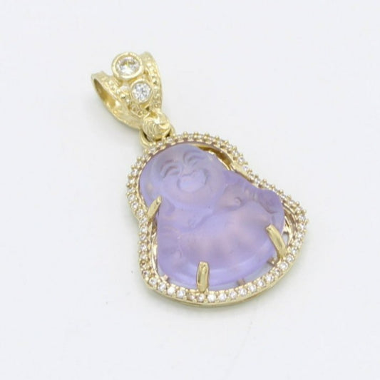 14K Buda Pendant (Small Purple Gem) Cz Stones Yellow Gold