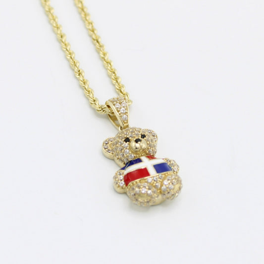 14K Teddy Bear Cz Pendant (Dominican Flag) with Hollow Rope Chain Yellow Gold