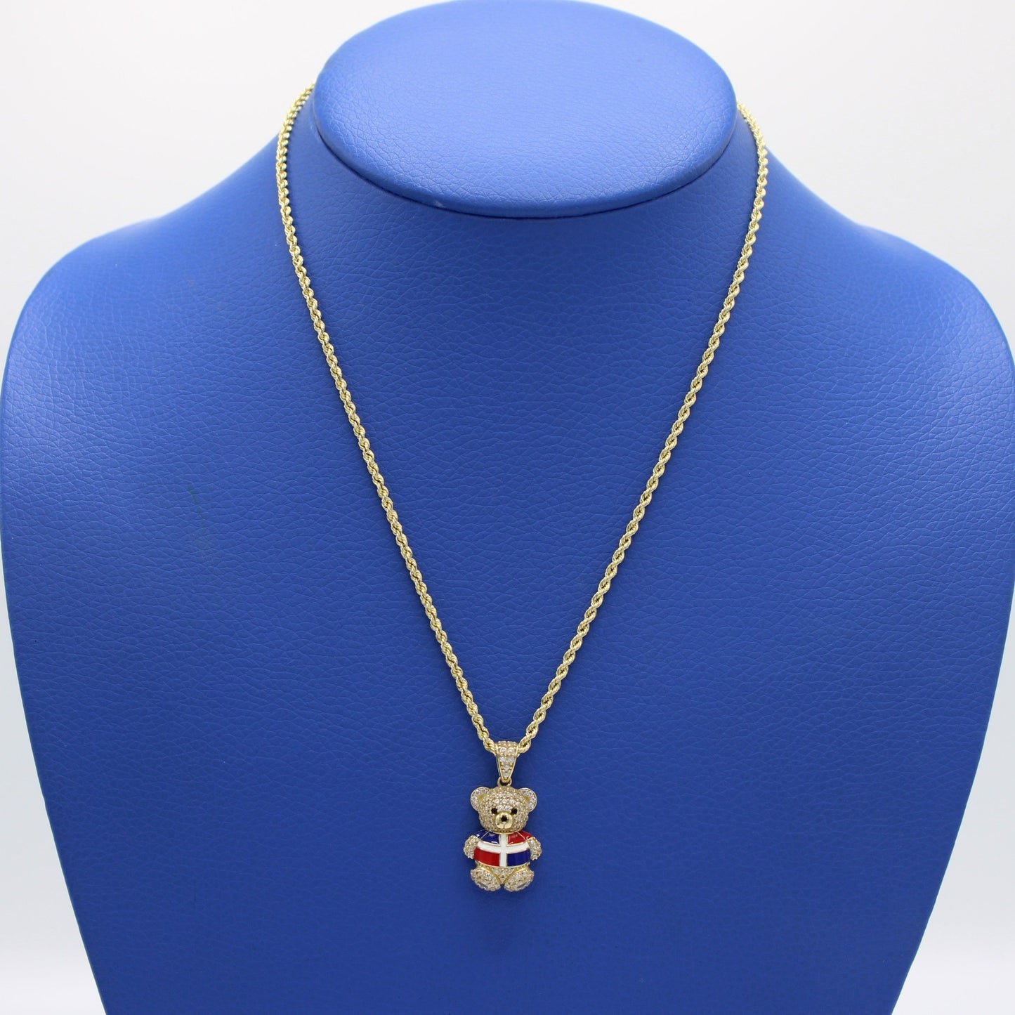 14K Teddy Bear Cz Pendant (Dominican Flag) with Hollow Rope Chain Yellow Gold